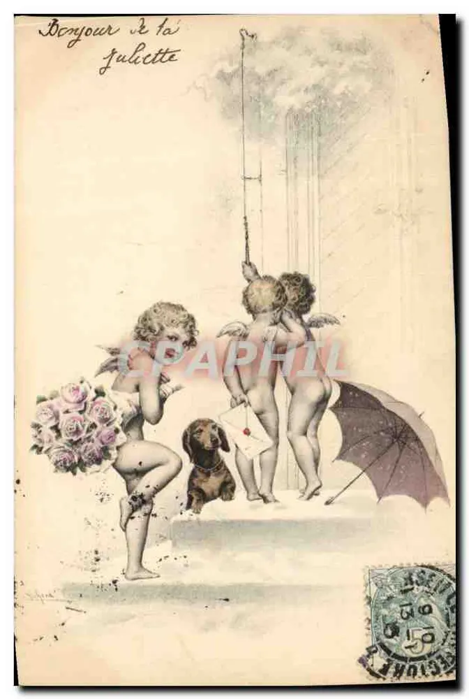 Cupid und Hund mit Rosenstrauß — M. M. Vienne, Nr. 160 - Vorderseite