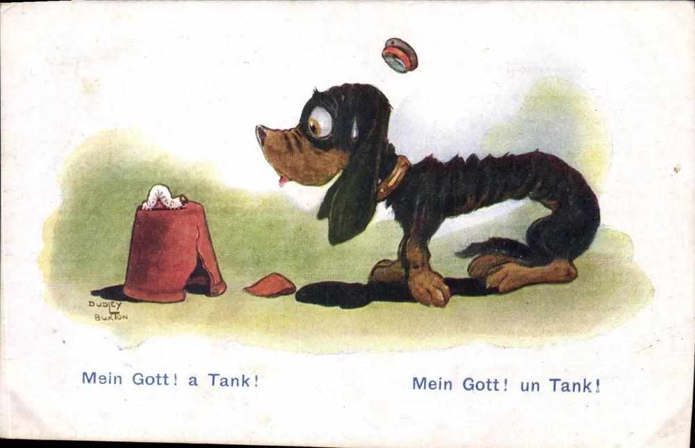 Hund überrascht vor einem Eimer — Dudéy Buxton — Serie 'Comique' Nr. 1593 - Vorderseite