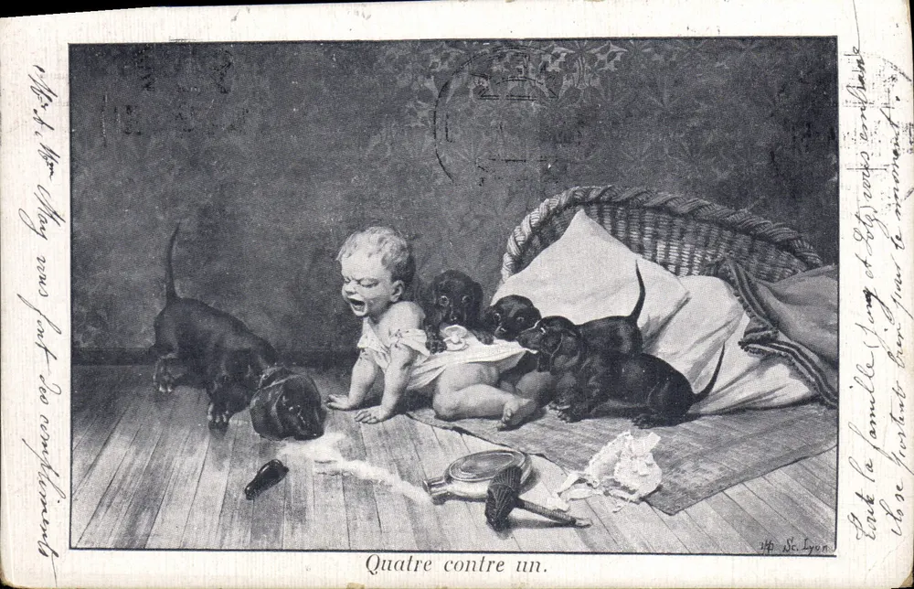 Vier gegen einen. — Illustration eines Babys umringt von vier Welpen — Verleger: J.P. St. Lyon - Vorderseite