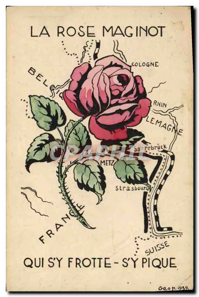 La Rose Maginot — carte postale satirique avec rose et carte de France — éditeur Géo.P. 1939 - Frente