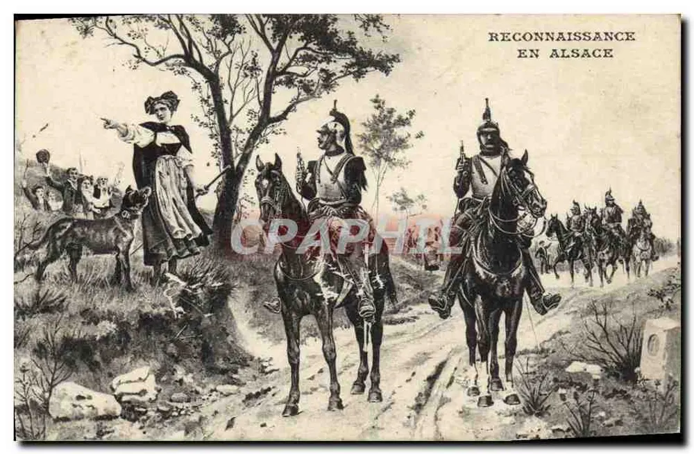 Reconhecimento na Alsácia — cena de soldados a cavalo e mulher com traje local — editor não visível - Frente