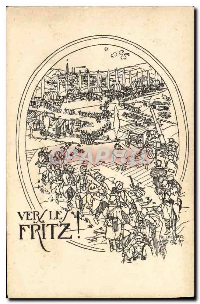 Scène de guerre — soldats en marche devant une ville — éditeur R. LECKARD, n° 94 P. - Frente