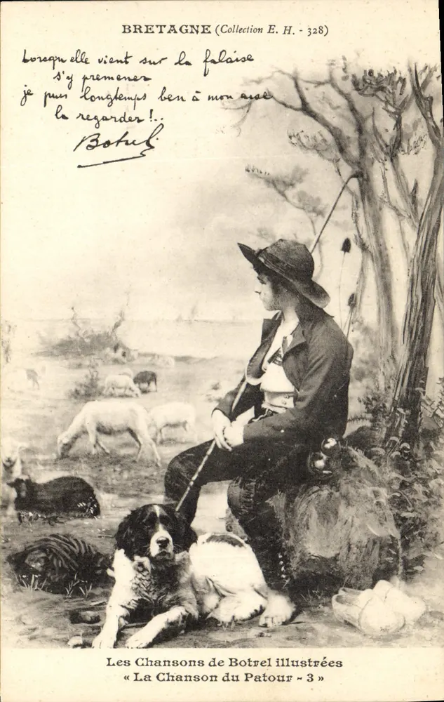 Bretagne — Paisagem com pastor e cão — Les Chansons de Botrel ilustradas « La Chanson du Patour - 3 » - Frente
