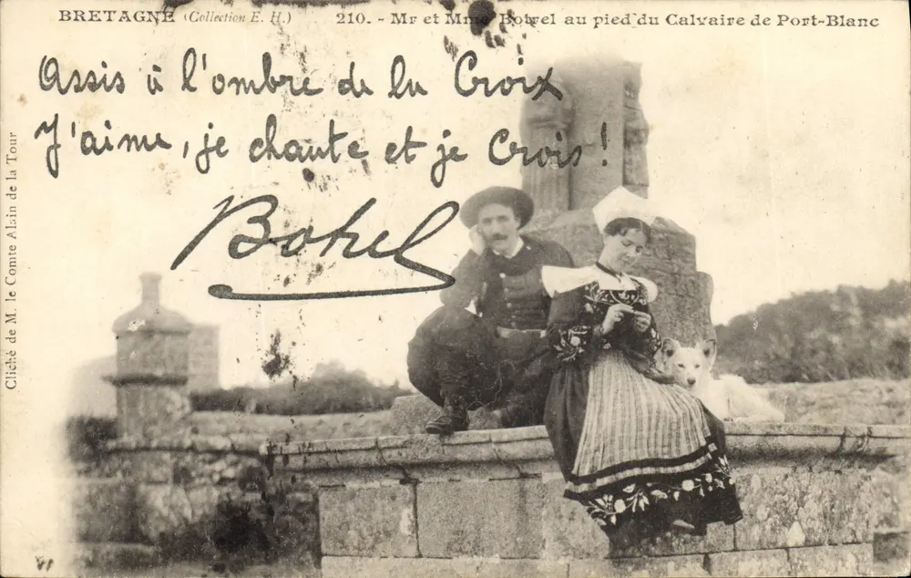Herr und Frau Bowel am Fuße des Calvaire de Port-Blanc — Sammlung E.H., Nr. 210 — Foto von M. le Comte Alkin de la Tour - Vorderseite