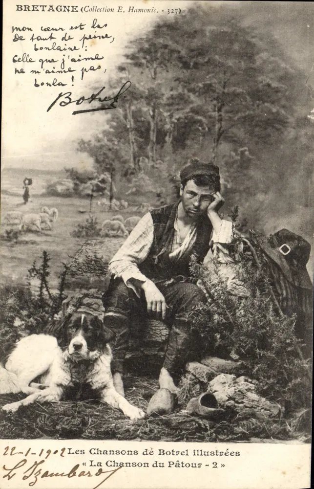 Bretaña — Paisaje pastoral con pastor y perro — Colección E. Hamonic - 327 - Anverso