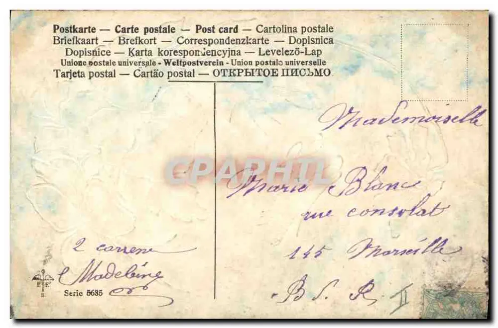 Flores violetas — carta postal — editor Madeleine, série 5635 - Verso