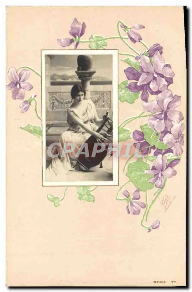 Mulher sentada tocando um instrumento — decoração de violas — Série 77 - Frente