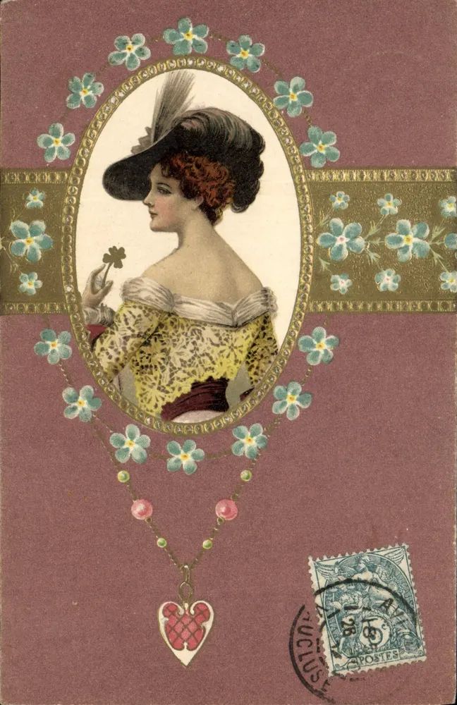 Frau in gelbem Musterkleid — gerahmtes Portrait — unbekannter Verlag - Vorderseite