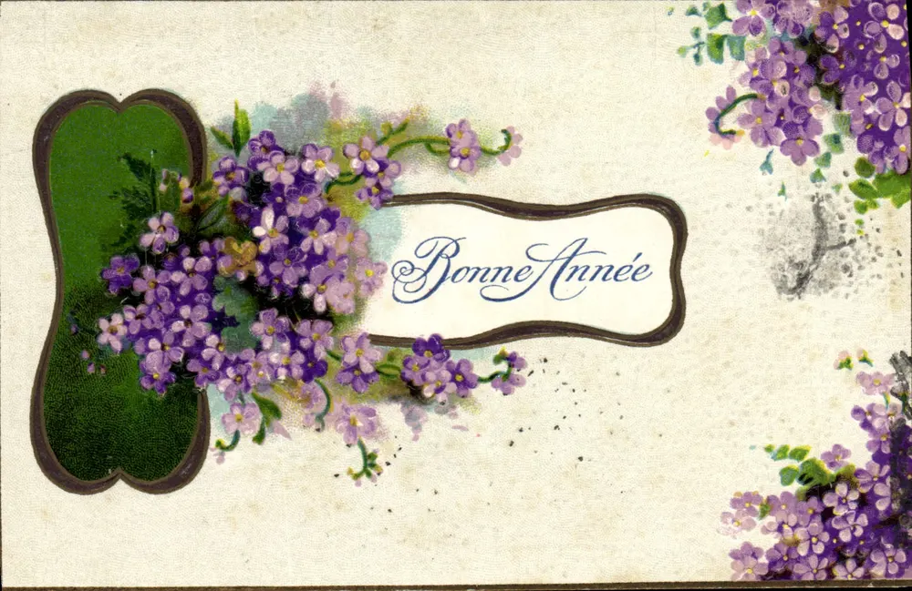 Flores de violetas — Boa Ano — Impressa na Alemanha, série 812 - Frente