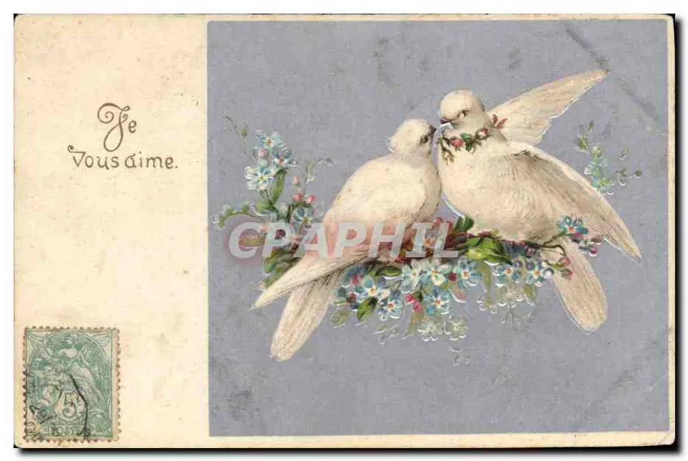 Duas pombas apaixonadas — texto "Je Vous aime" — K. F. Éditeurs, Paris, Série 836 - Frente