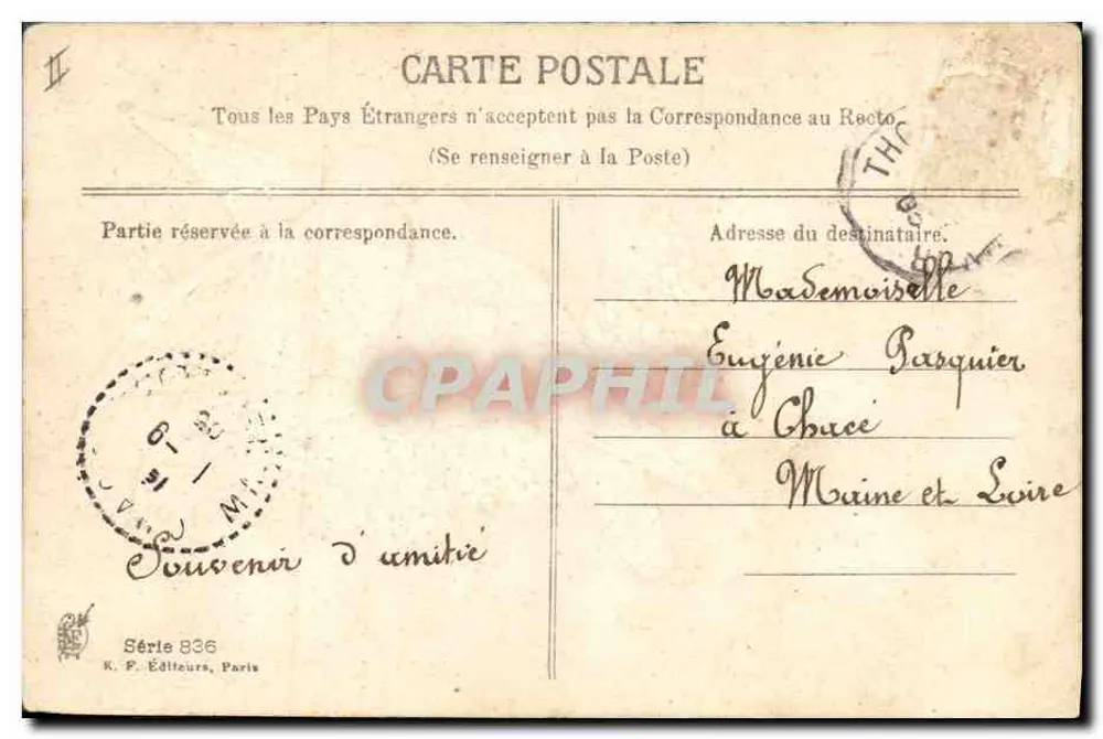Duas pombas apaixonadas — texto "Je Vous aime" — K. F. Éditeurs, Paris, Série 836 - Verso