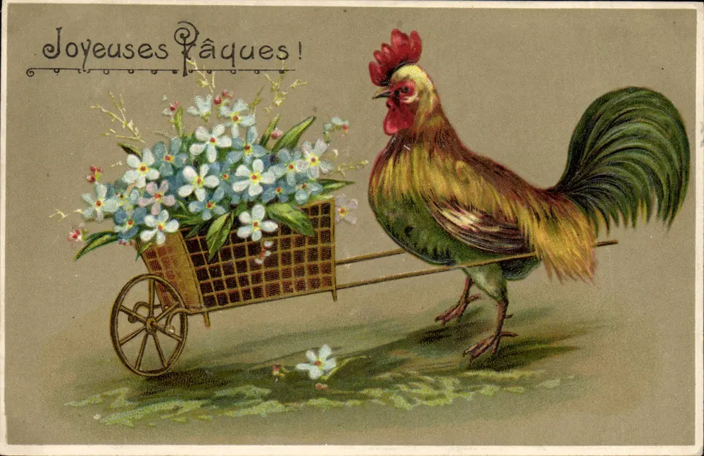 Galo com carrinho de flores — Felizes Páscoas! — Série 519, União Postal Universal - Frente