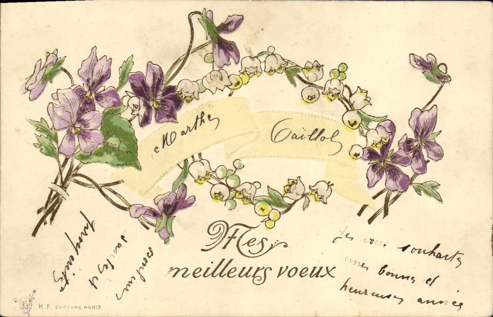 Flores de violetas e de muguet — Carta postal de vœux — K.F. Éditeurs, Paris - Frente