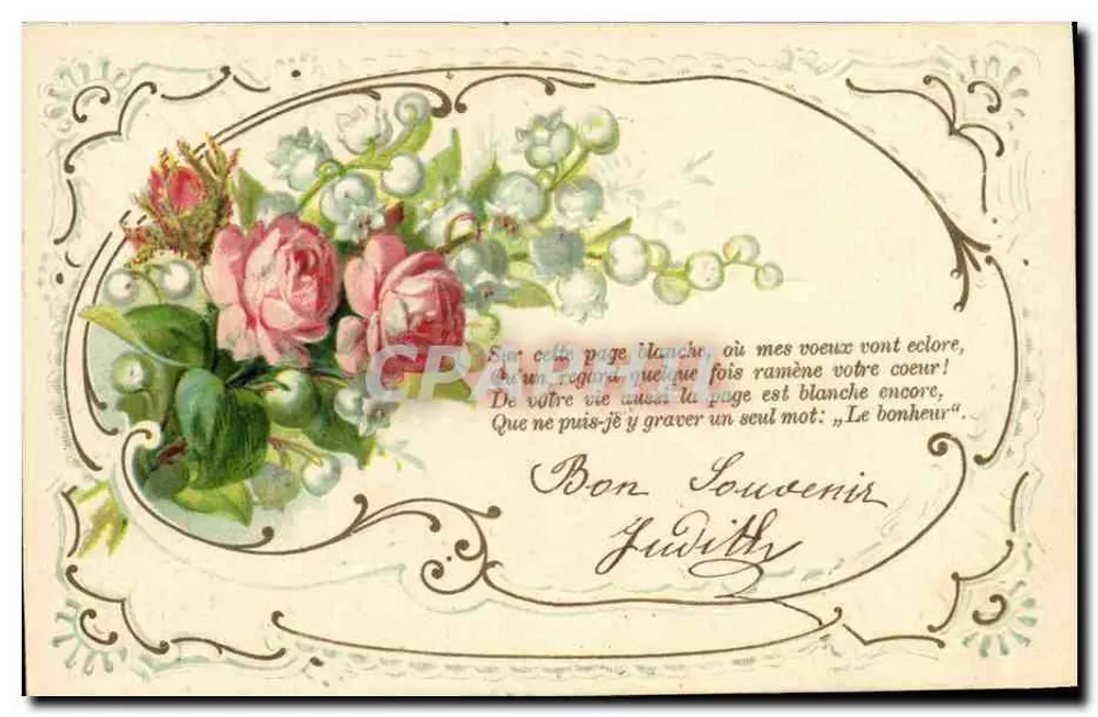 Flores e poesia — Bon Souvenir Judithy — editor desconhecido, número de série não visível - Frente