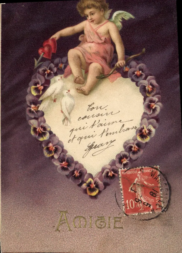 Cupidon auf einem Herzen aus Gedanken — Freundschaft — K. P. Verlag, Paris - Vorderseite