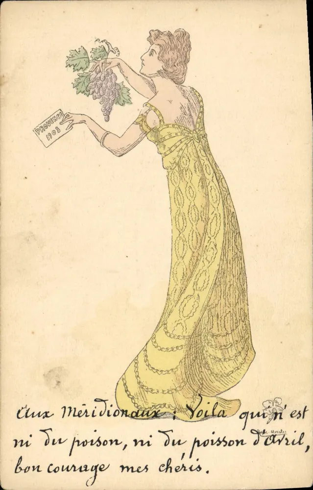 Frau in gelber Kleidung mit Trauben — Provence 1905 — Verlag: L. Moradi - Vorderseite