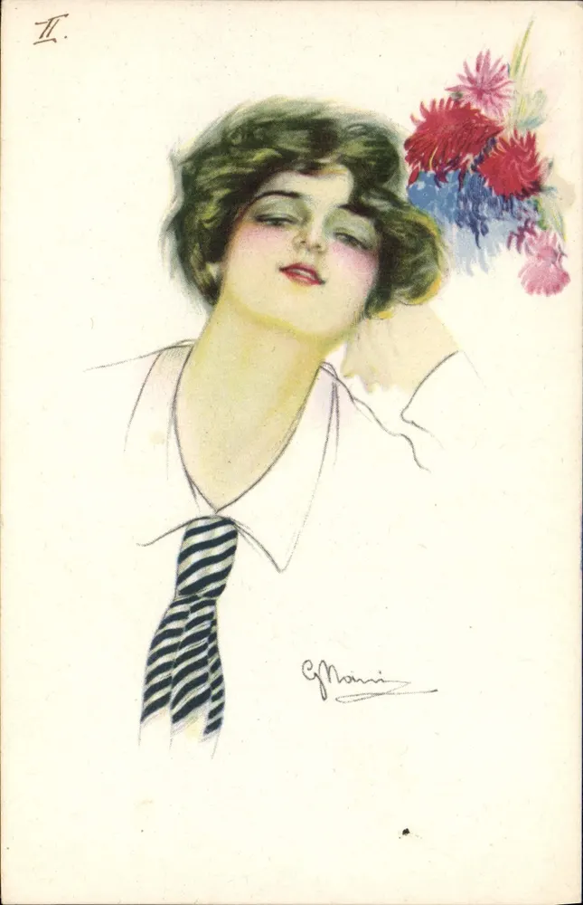 Junge Frau mit Blumen — Illustration von C. Marini — Verlag Prog. Italiana - Vorderseite