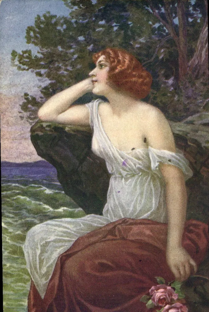 Frau in weißem und rotem Kleid — Meereslandschaft — E. MEIER, Pinxit, Nr. 8 — Flüchtige Gedanken - Vorderseite