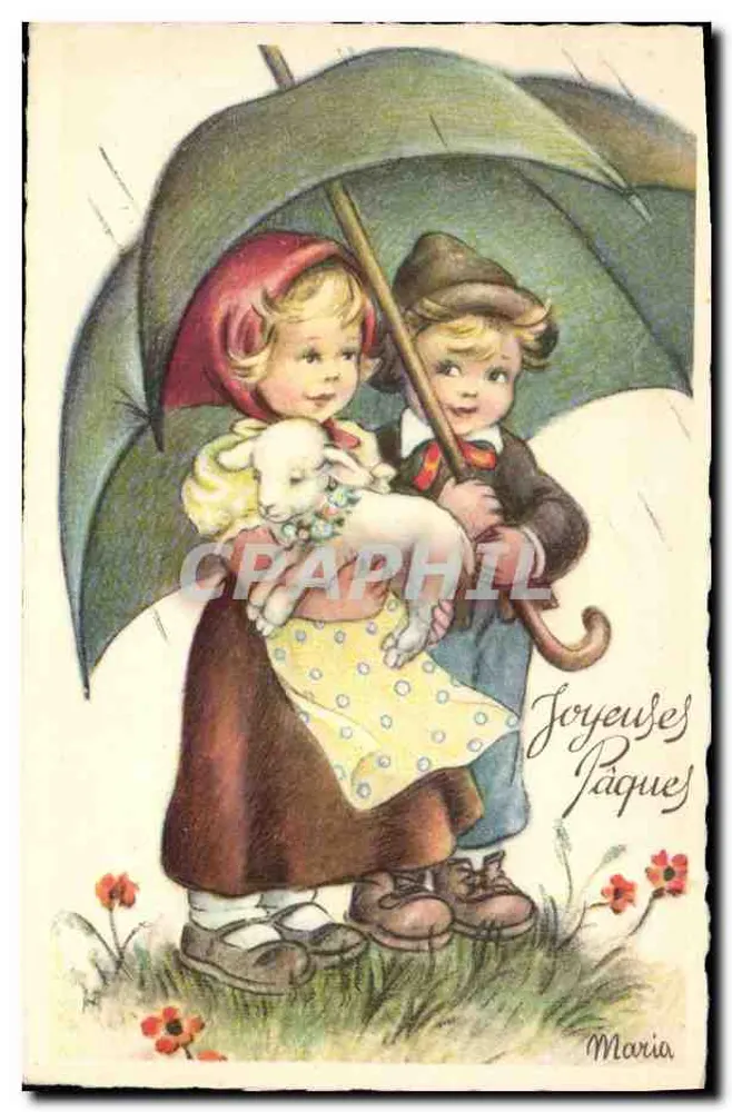 Kinder unter dem Schirm mit Lamm — Frohe Ostern — Maria - Vorderseite