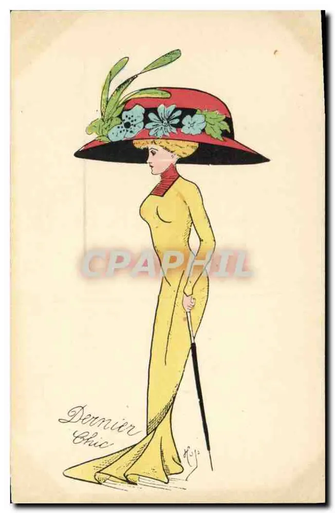Frau in gelbem Kleid und dekoriertem Hut — Letzter Chic — Verlag Rolis - Vorderseite
