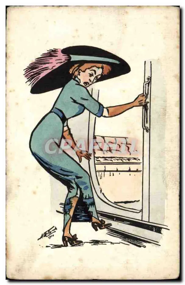 Frau im Hut — in den Zug einsteigend — Zeichnung von M. B. Cook, 1910 - Vorderseite
