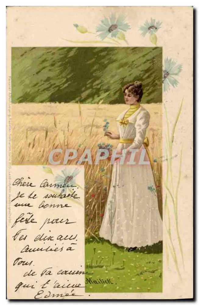 Frau in weißem Kleid auf einem Feld — Verlag Mailich, Seriennummer nicht sichtbar - Vorderseite