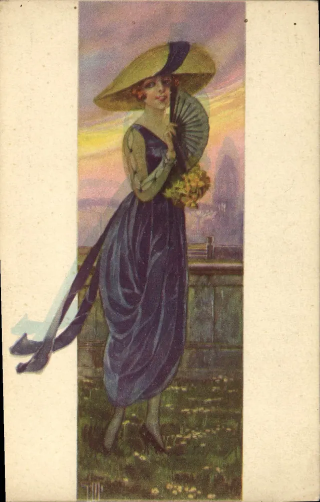 Frau in blauer Robe und Hut — Garten-Szene bei Sonnenuntergang — italienische Ausgabe - Vorderseite
