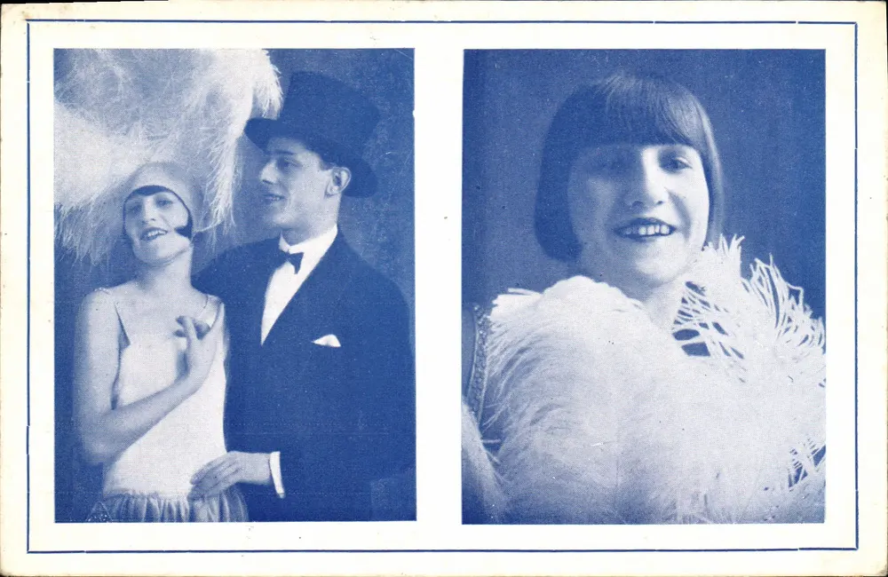 Duas mulheres e um homem em traje de festa — época 1920 — número da série não visível - Frente