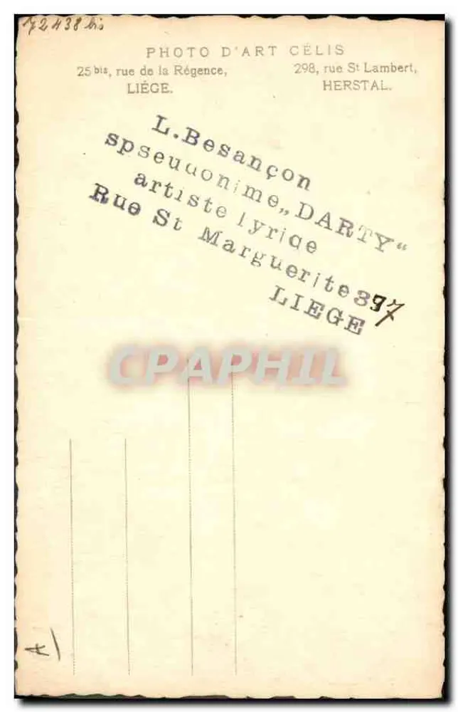 Porträt eines lyrischen Künstlers — L. Besançon, genannt Darty — Photo d'Art Célis, Liège - Rückseite
