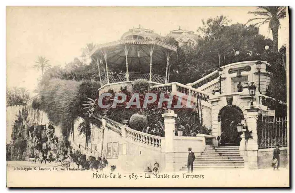 Monte-Carlo - A Subida das Terrasses — Fototipia E. Lacour, 19, rue Thumbaeau — 1909 - Frente
