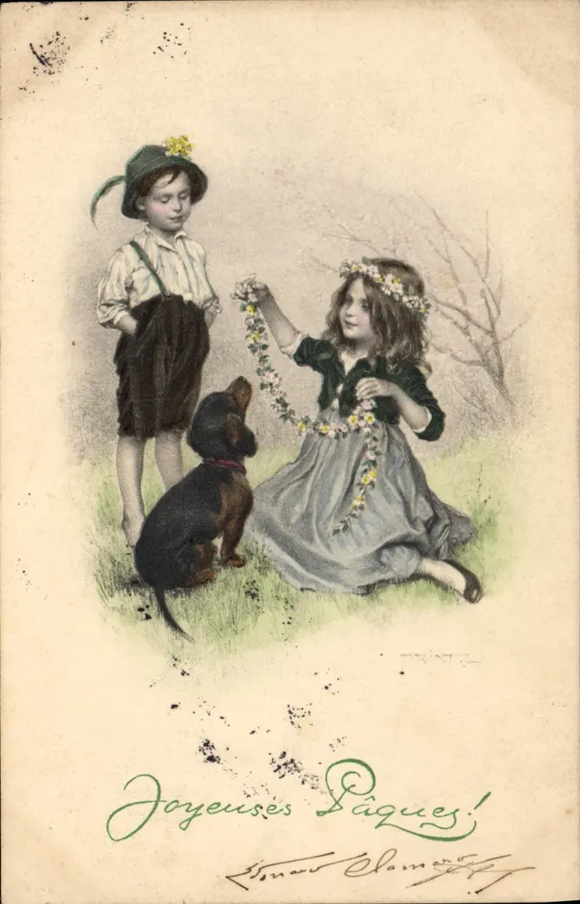 Kinder und Hund — Ostern — Verleger M. Munk, n° 433 - Vorderseite