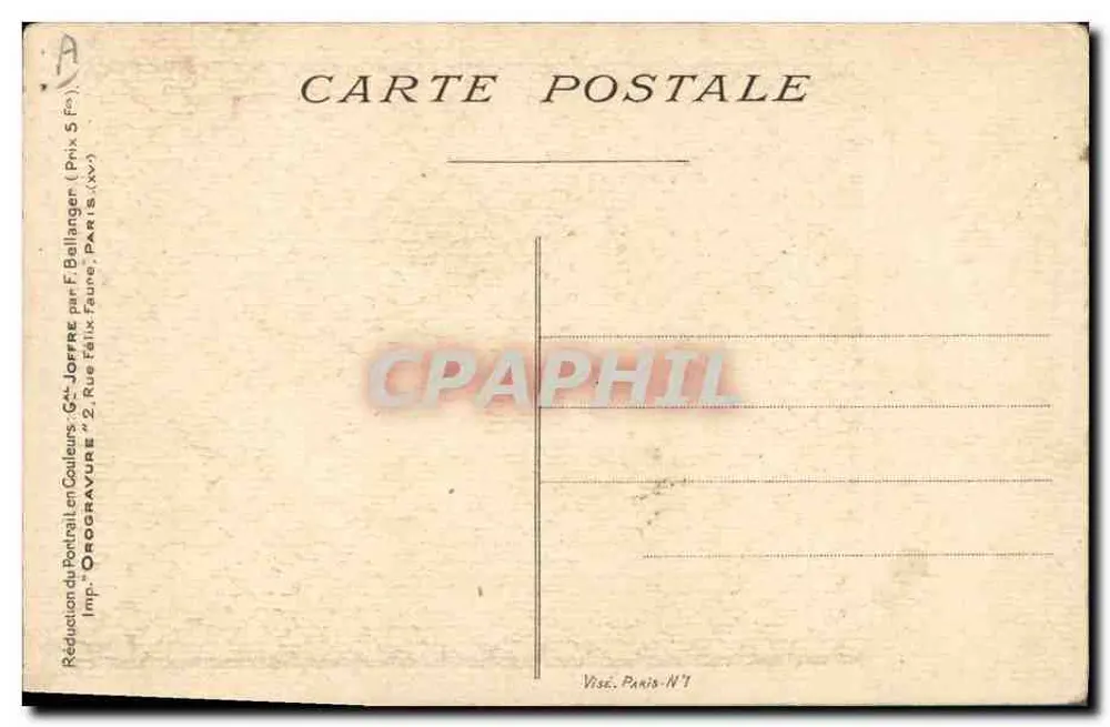 Geral Joffre — Retrato em uniforme — Imp. "Orogravure" Paris - Verso