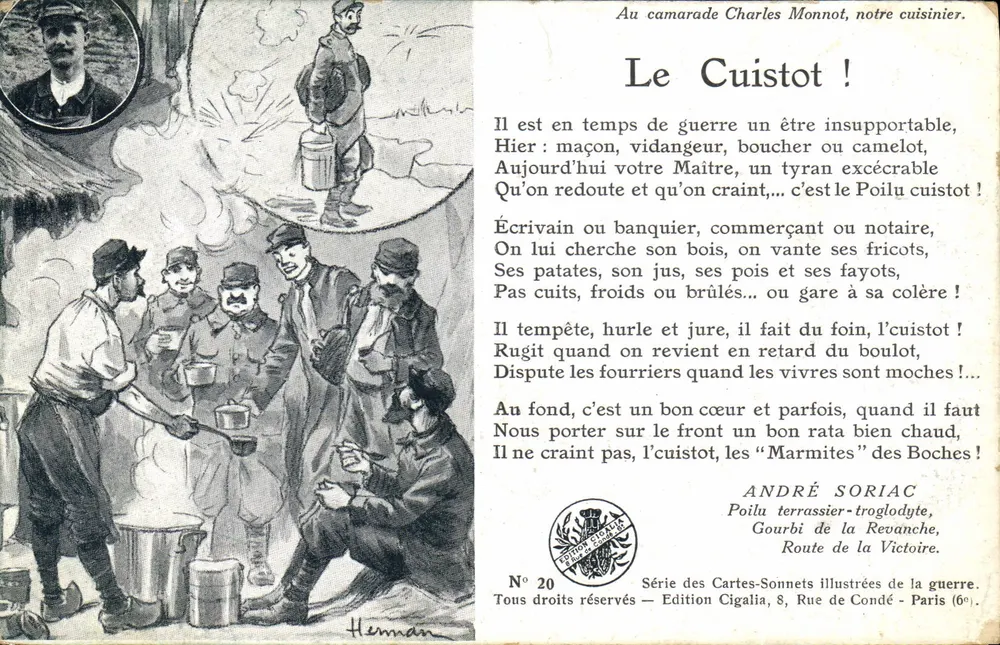 Le Cuisiot ! — Poema satírico sobre o cozinheiro de guerra — Série das Cartas-Sonetos ilustradas da guerra, N° 20, Edição Cigalia, Paris - Frente
