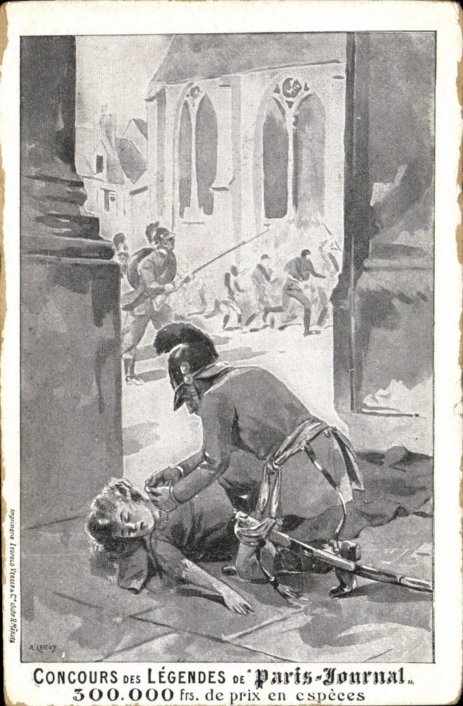 Concours des Légendes de Paris-Journal — scène de guerre avec soldat aidant un blessé — éditeur Henri Manuel - Frente