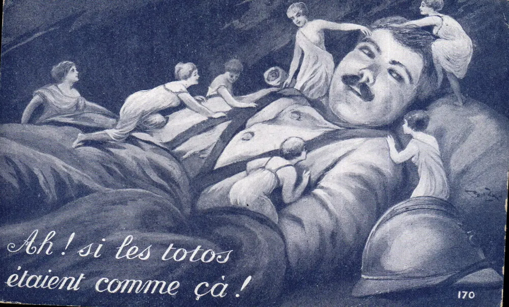Schläfer Soldat — satirische Szene mit kleinen weiblichen Figuren — unbekannter Verleger, Nr. 170 - Vorderseite