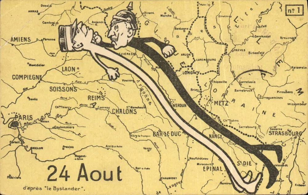 Humorystyczna kartka pocztowa — mapa Lorraine z karikaturą żołnierza niemieckiego — n°1 — Wydawnictwo Lorraine - Awers
