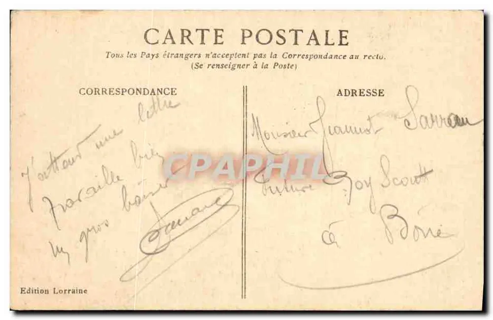Carta postal ilustrada — Estrada de Paris a Metz — Edição Lorraine n°5 - Verso