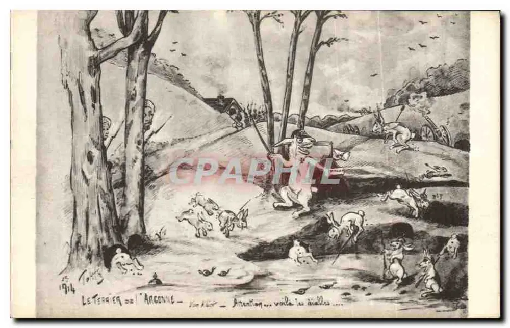 아르곤느의 터니어 — 전투 장면과 병사 토끼 — 톤티의 그림, 1914년 - 앞면