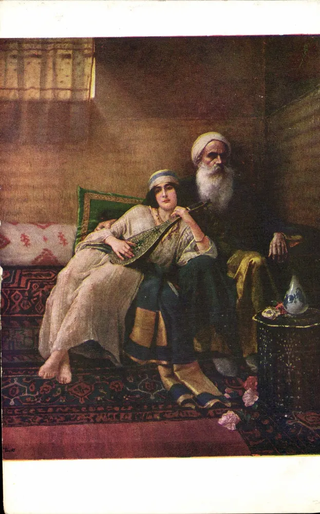 Jovem mulher e homem idoso — cena íntima — R. Ernst, N° 150 - Frente