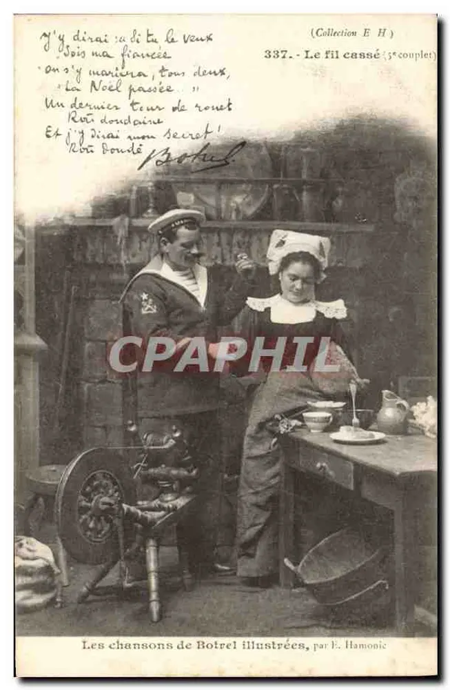 Marinaio e donna alla ruota da filare — Le canzoni di Botrel illustrate, di E. Hamonic — n° 337 - Recto
