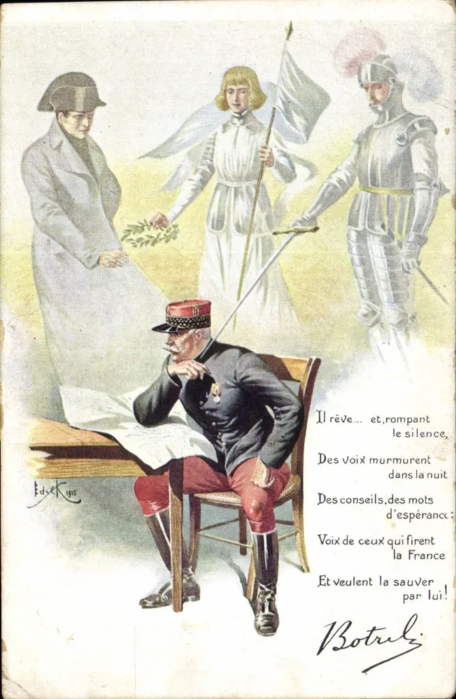 Soldat en uniforme — scène symbolique avec ange et chevalier — éditeur Edouard Krys, n° 1915 - Frente