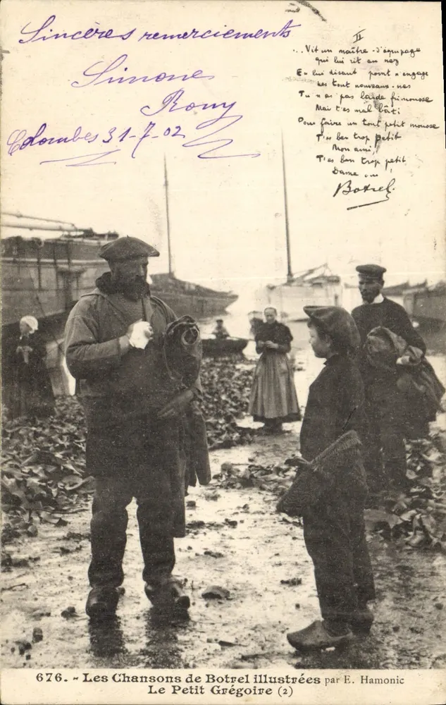 Pescadores e criança no porto — As Canções de Botrel ilustradas por E. Hamonic (n°676) - Frente