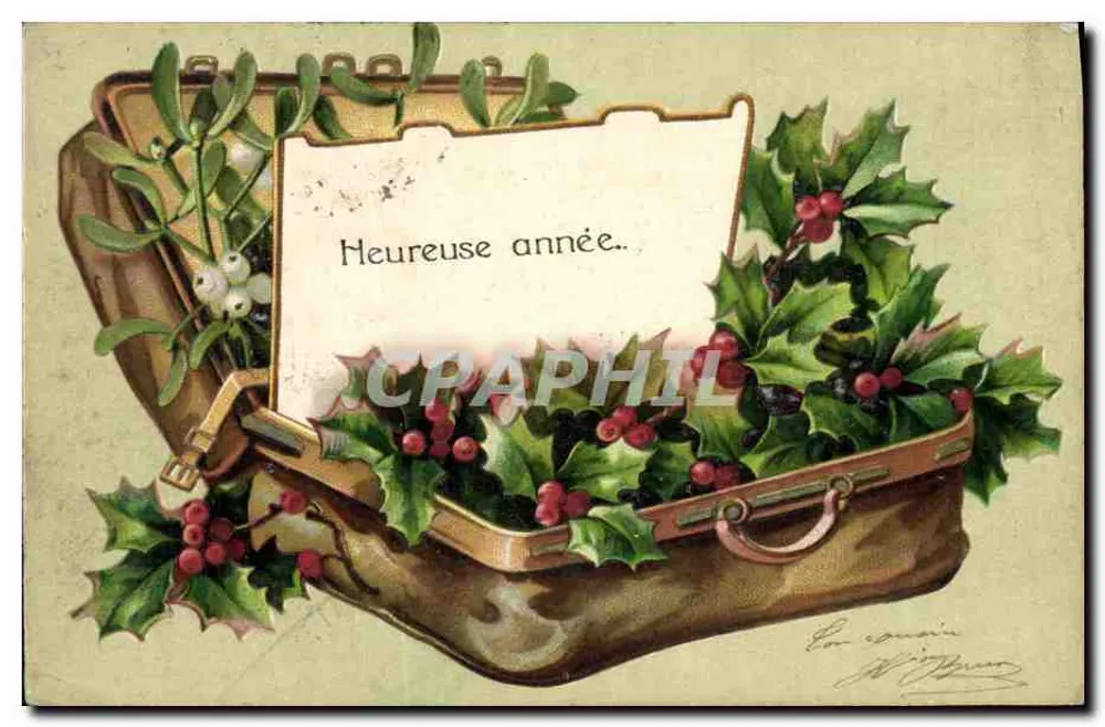 Valise décorée de gui et de houx — 'Heureuse année..' — éditeur anonyme - Voorkant