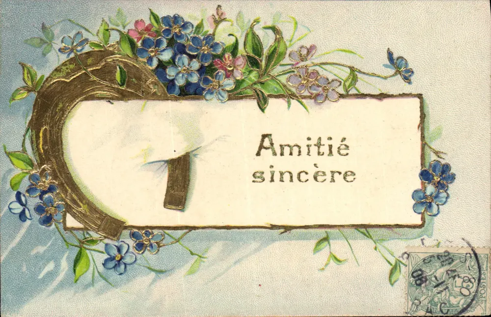 Amizade sincera — carta postal decorada com flores e guirlanda — editor não visível - Frente