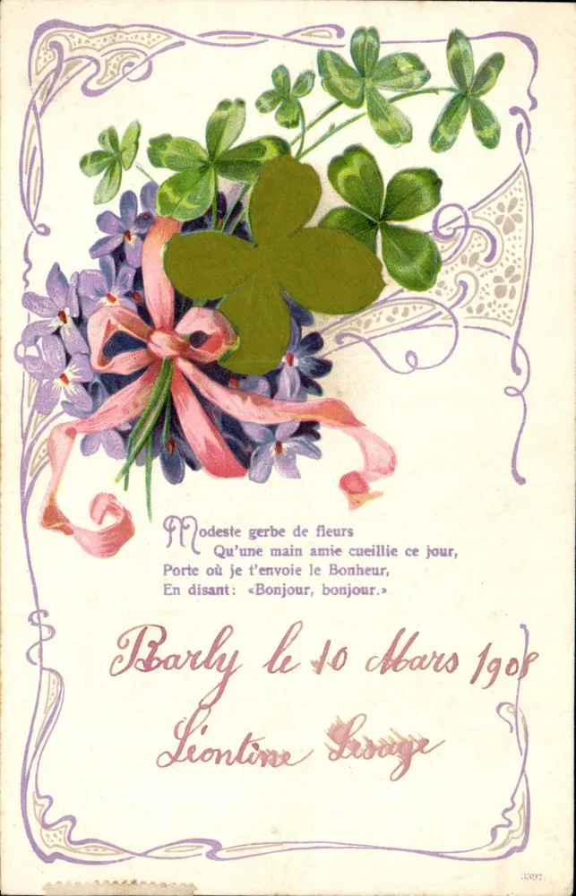 Arranjo de flores e trevo — cartão postal datado de 10 de março de 1908 — editor desconhecido, n° 3397 - Frente