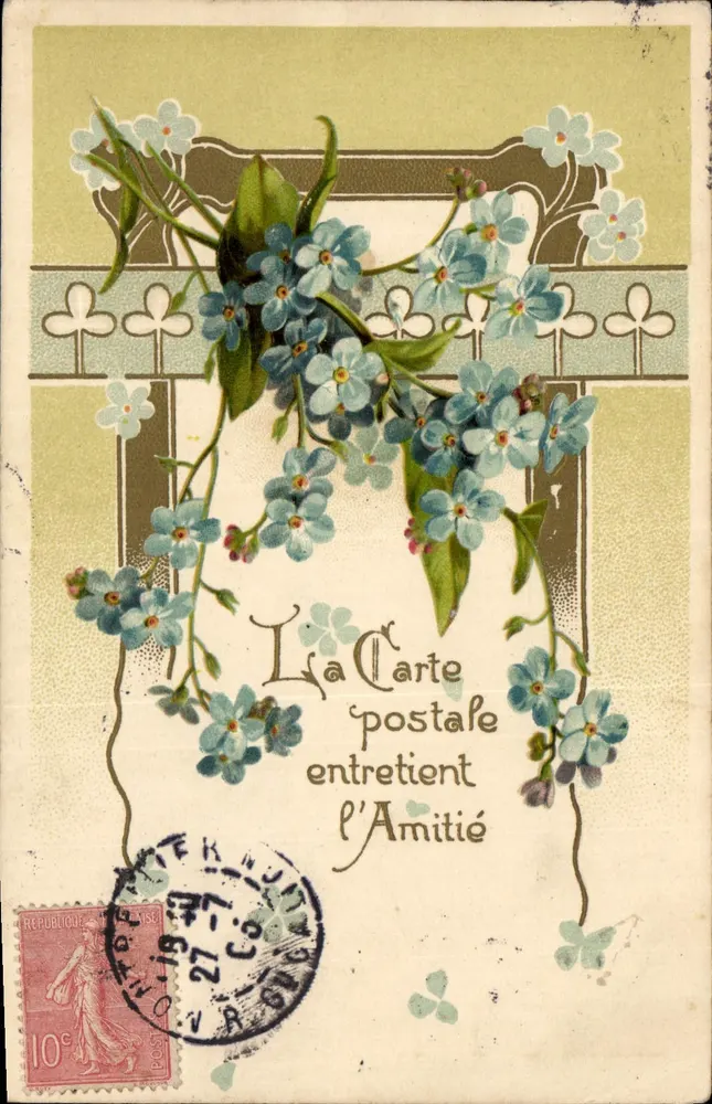 Carta postal com flores azuis — texto 'A Carta postal mantém a Amizade' — editor desconhecido - Frente