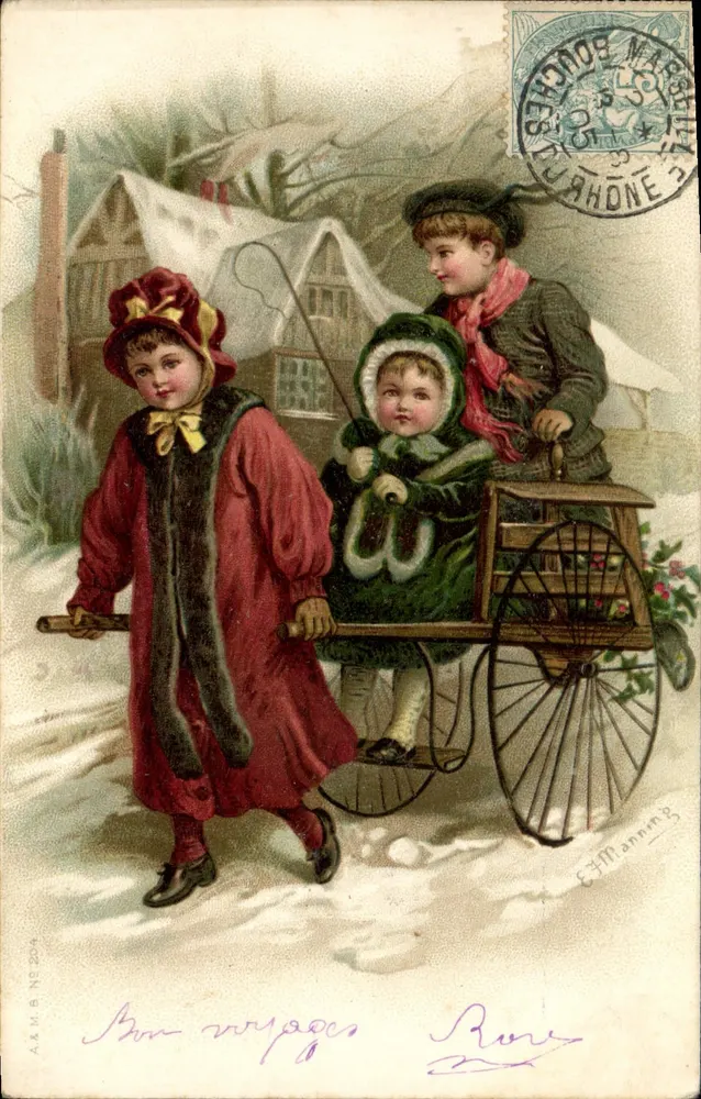 Kinder, die im Schnee spielen — E. Manning, n° 204 — Verlag A.A.M.B. - Vorderseite