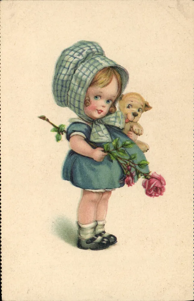 Kleine Mädchen mit Stoffbär und Rose — Verlag nicht sichtbar - Vorderseite