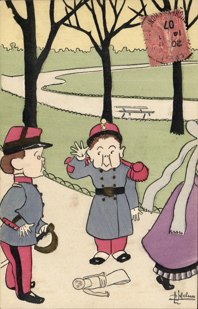 Zwei Kinder in militärischer Uniform im Park — Zeichnung von J. Melun — Verlag P. L. Paris - Vorderseite