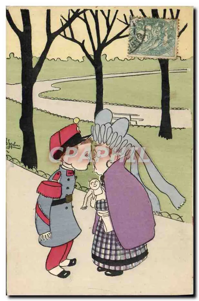 Kind in Uniform und Frau mit Baby — Park-Szene — Verlag P. L. Paris - Vorderseite